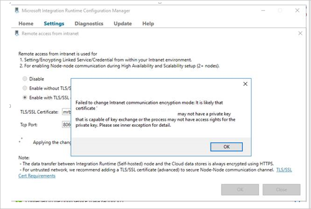 Screenshot of the Integration Runtime Configuration Manager Settings pane, displaying a &quot;private key missing&quot; error message.