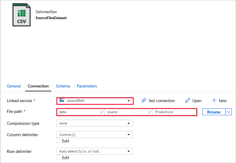 Selections for linked service and file path for SourceFilesDataset