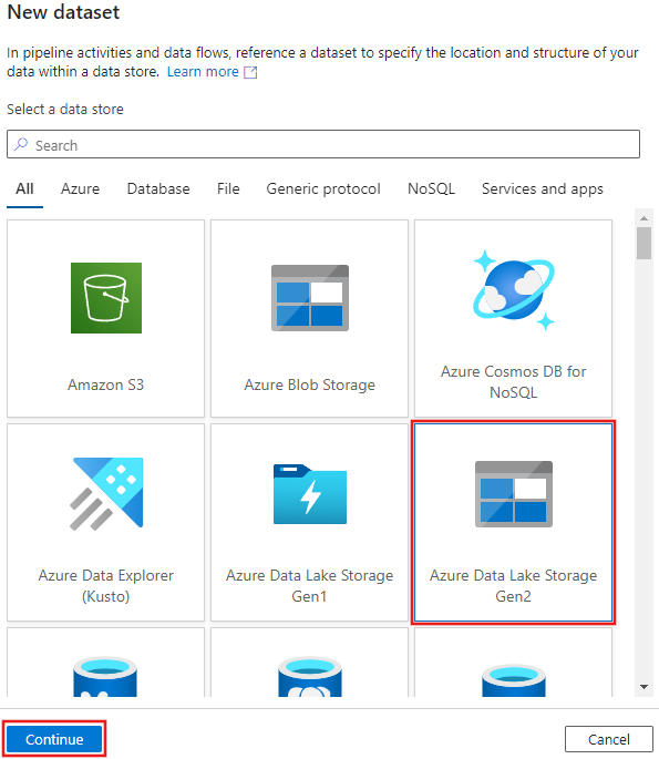 Screenshot showing where to select Azure Data Lake Storage Gen2 from the New dataset window.