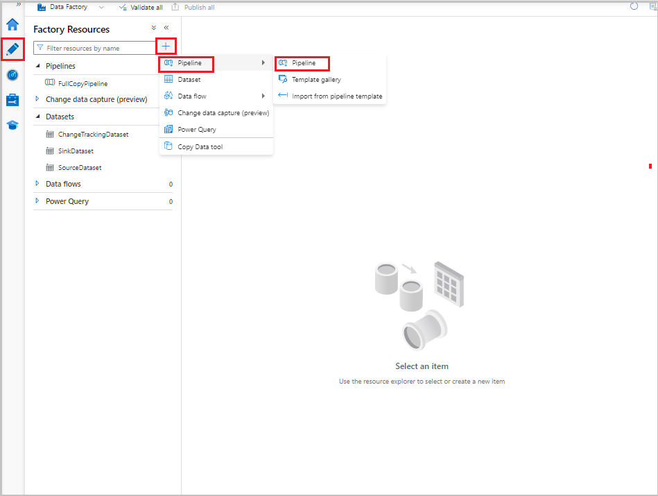 Screenshot that shows how to create a pipeline in a data factory.