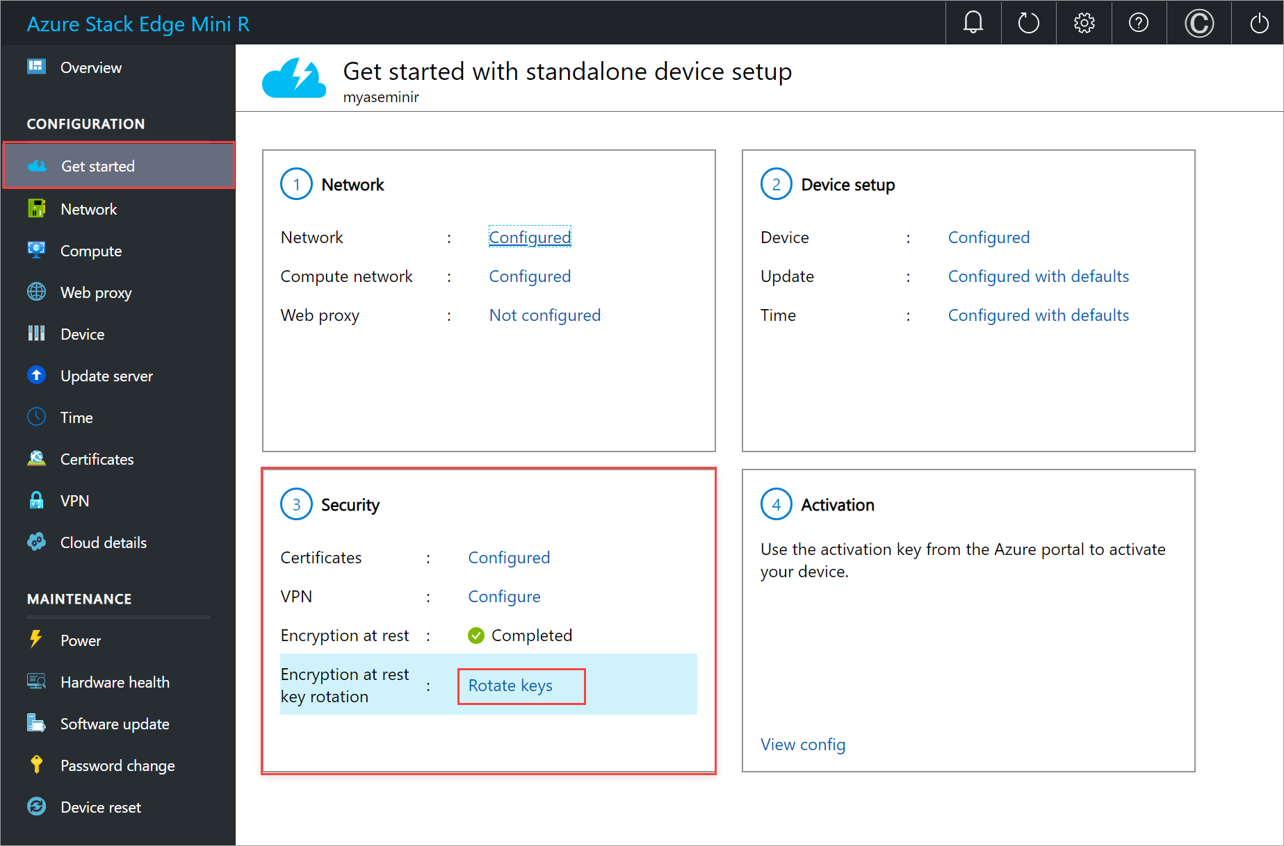 Select Rotate keys for Encryption-at-rest in the Get started page