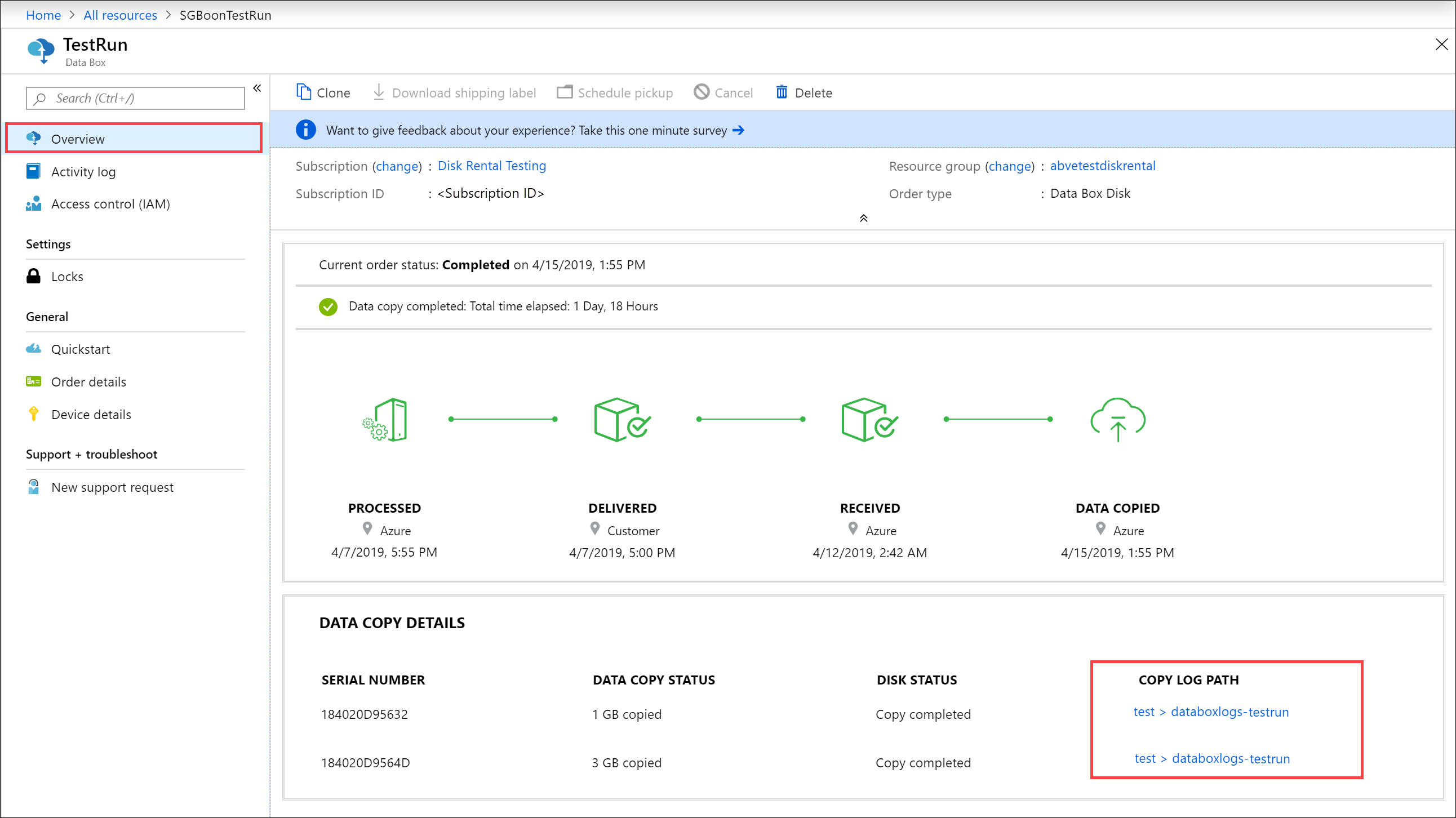 Screenshot of the Overview pane for an earlier Data Box Disk order with completed copies. The Copy Log Paths are highlighted.