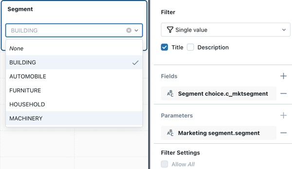 Filter widget configured with a field, as described.