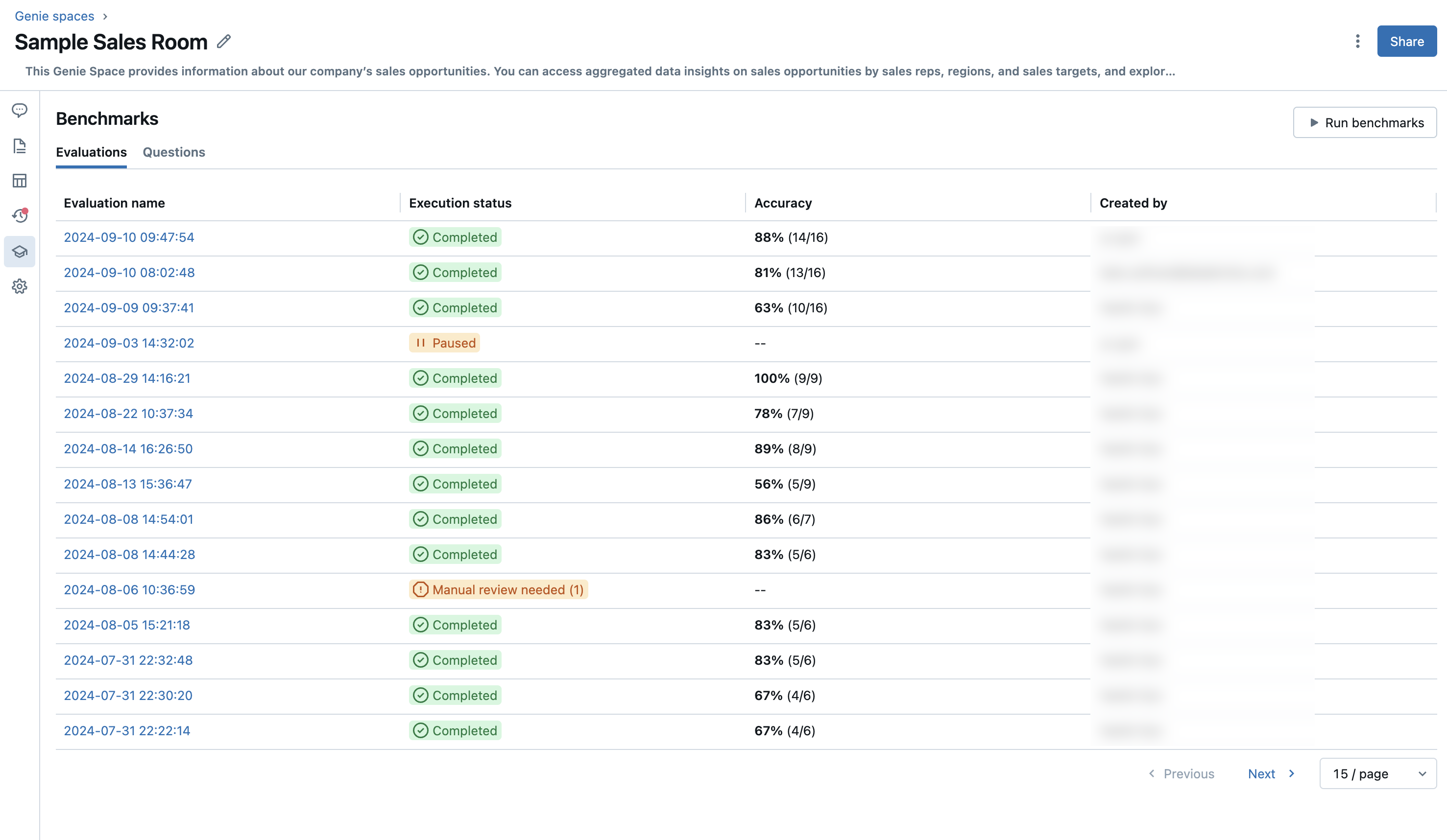 Example benchmarks with accuracy reported on many questions.