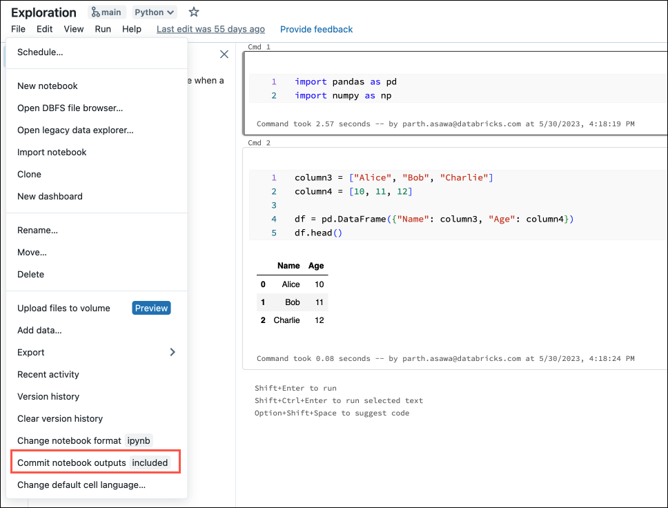 Noteboook editor: Commit notebooks outputs status and control.