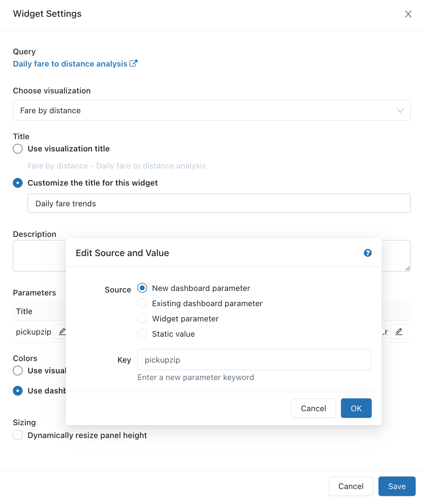 Change widget parameters to new dashboard parametes