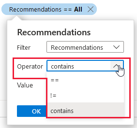 Controls for the operator option in asset inventory's filters