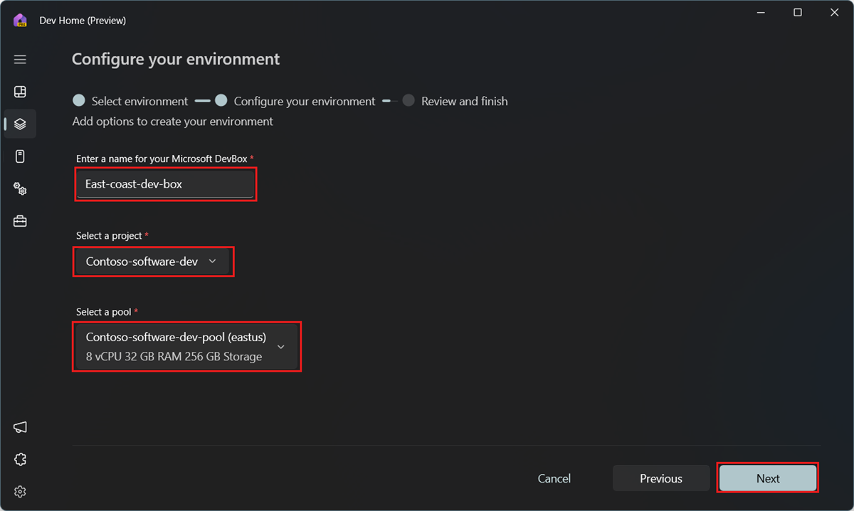 Screenshot showing the Configure your environment page.