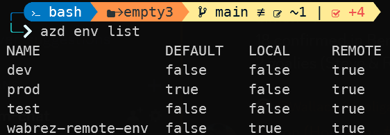 Example output of `azd env list` with remote environments.