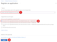 A screenshot showing how to fill out the Register an application page by giving the app a name and specifying supported account types as accounts in this organizational directory only.