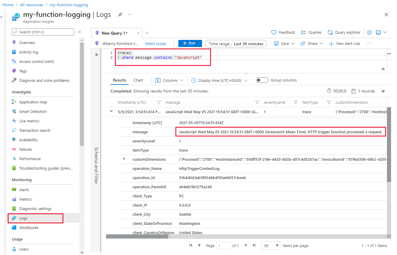 Screenshot that shows a custom log with a prefix string.