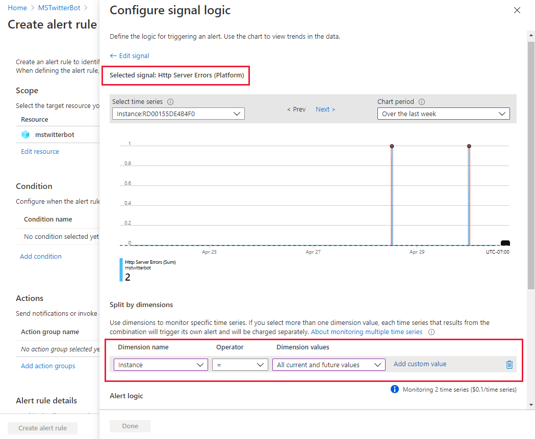 Screenshot of the Azure portal that shows the pane for configuring signal logic for HTTP server errors.