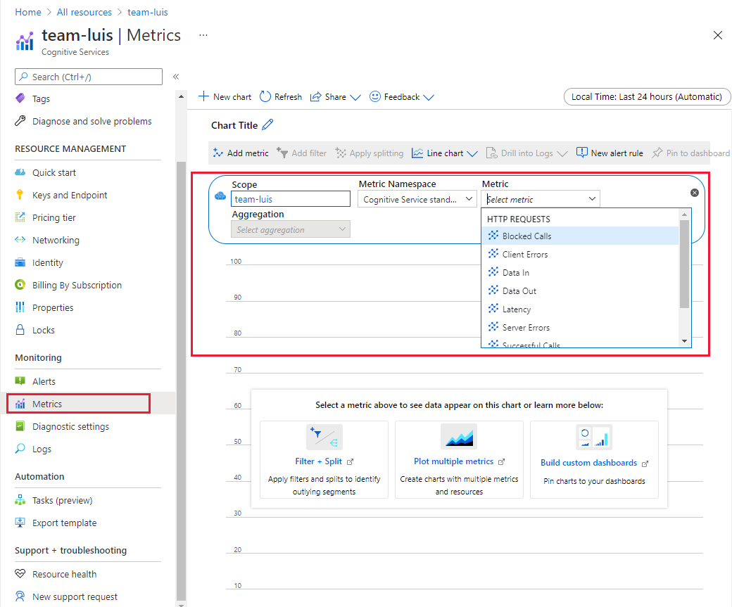 Screenshot that shows selections for viewing metrics for Azure Cognitive Services in the Azure portal. 