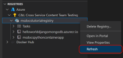 A screenshot showing how to fresh registries in the Docker extension for Visual Studio Code.