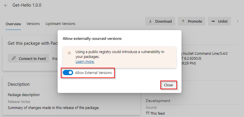 A screenshot showing how to enable external versions.