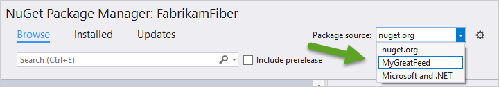 Screenshot that shows selection of a package source in Visual Studio.