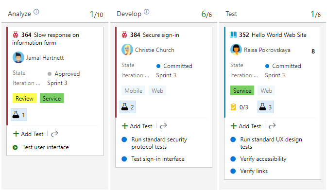 Screenshot of board, 3 columns showing inline tests added and linked to bugs.