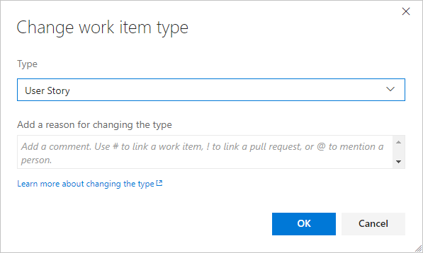 Change work item type dialog