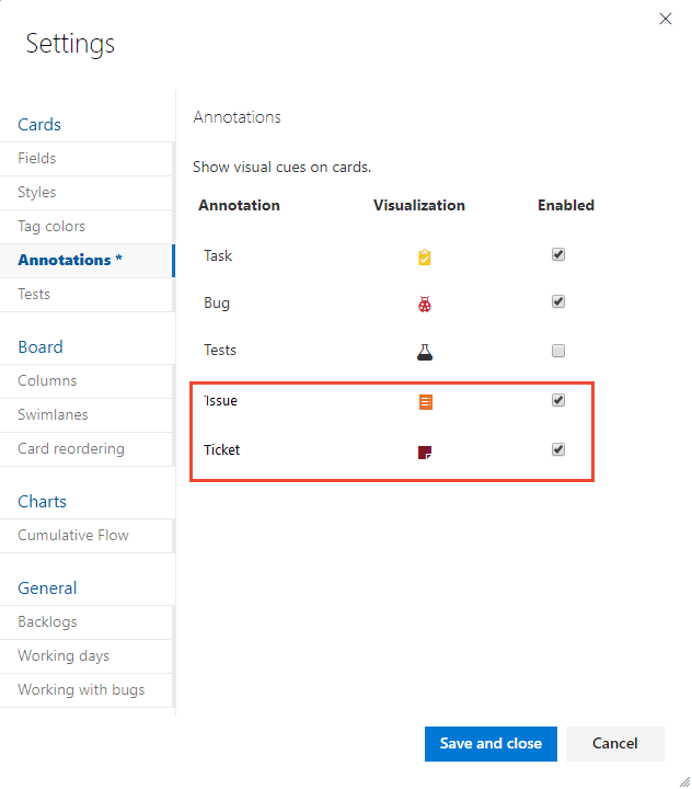 On the settings page, the Annotations tab is selected and five Annotation types (Task, Bug, Tests, Issue, Ticket) are listed. All but Tests are enabled.