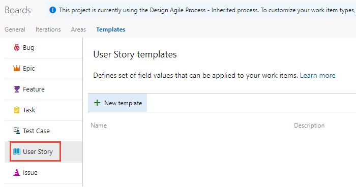 Screenshot of User Story templates selection.