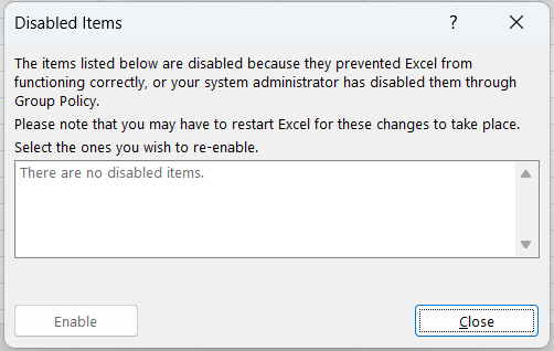 Screenshot of disabled items dialog, Azure DevOps Add In checked.