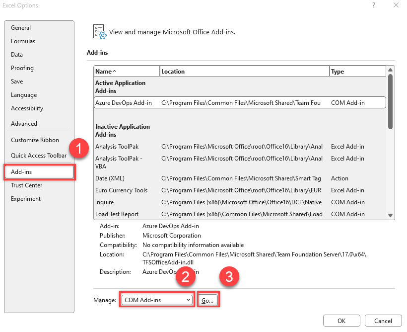 Screenshot of sequence to add COM add-in.