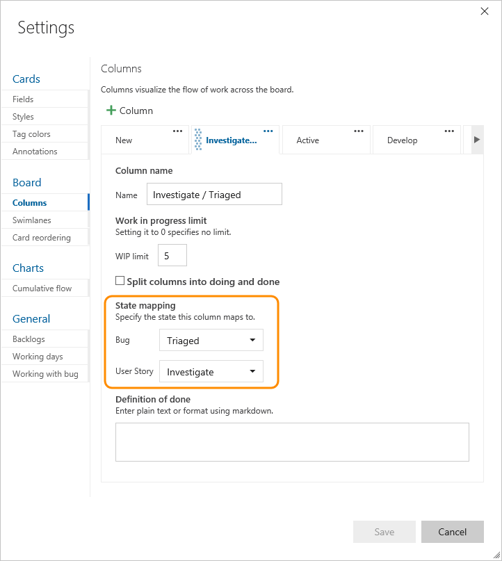 Screenshot showing board settings, columns.