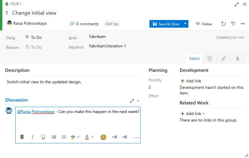Screenshot that shows details in the Discussion box on the Issues work item form.