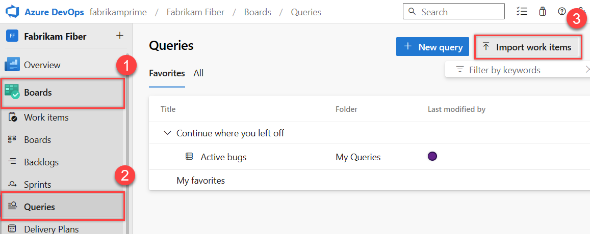 Screenshot showing Boards - Queries, Import Work Items.