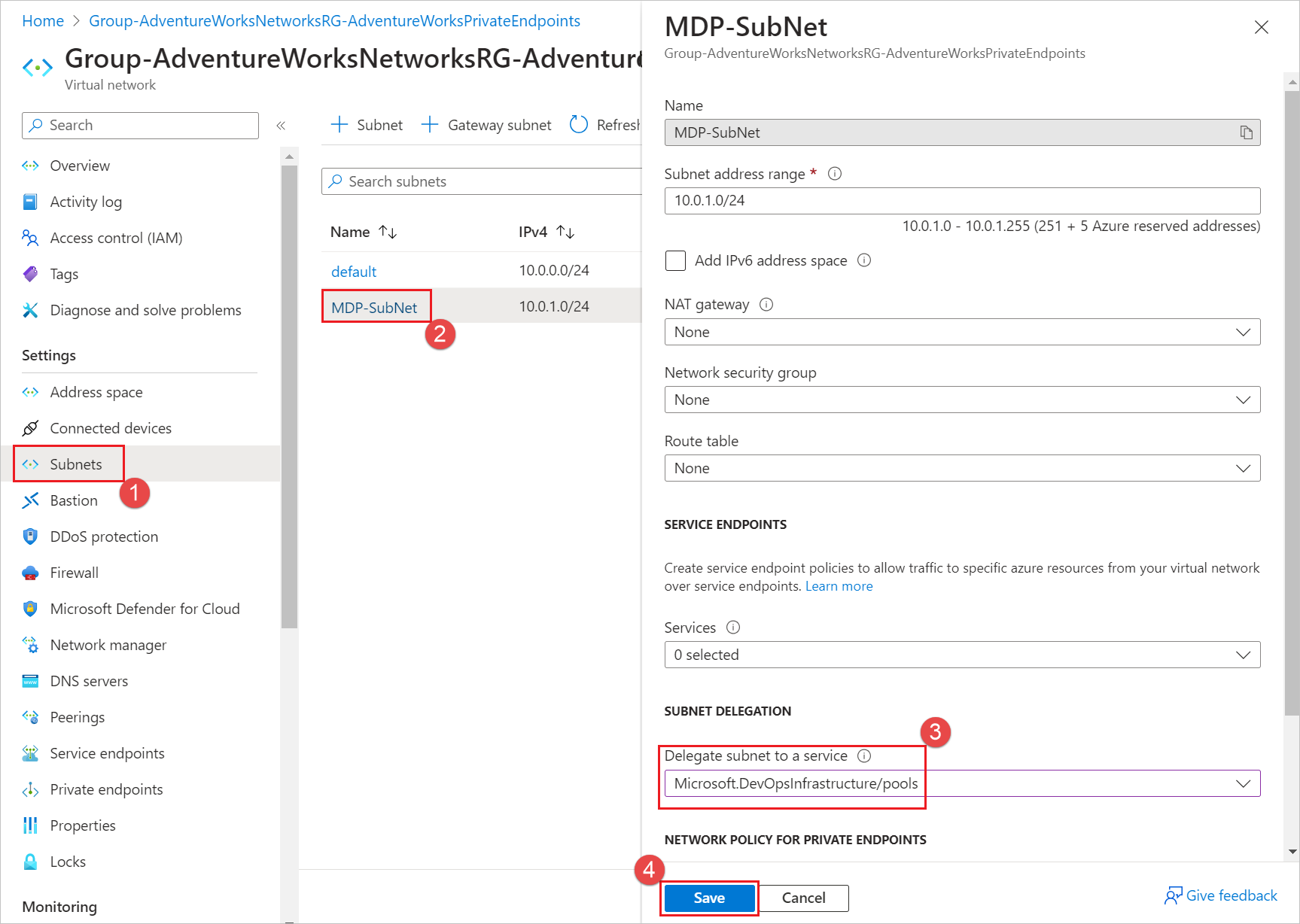 Screenshot of configuring the subnet delegation.