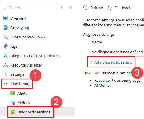 Screenshot of add diagnostic setting menu.