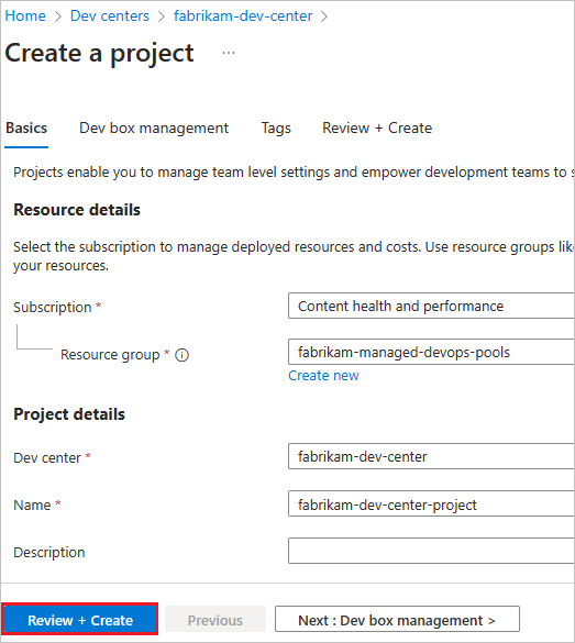 Screenshot of Create a Dev center project.