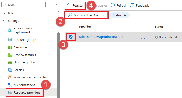 Screenshot of registering the Managed DevOps Pools Azure Resource provider.