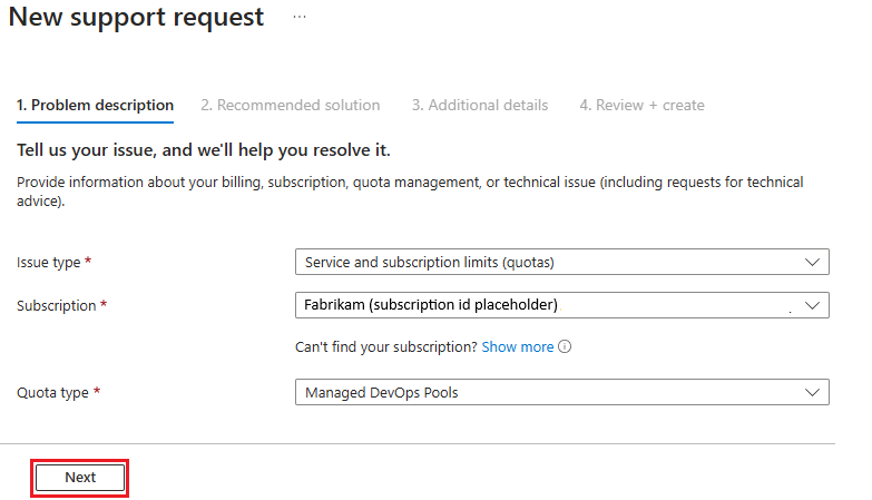 Screenshot of new quota support request