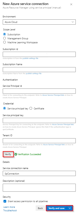 A screenshot showing how to create a new manual service principal service connection.