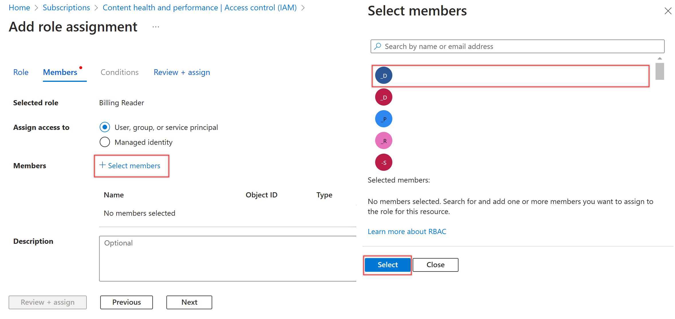 Screenshot of Add role assignment pop-out pane.