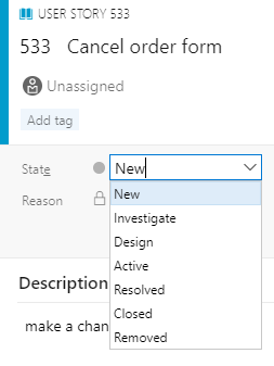 Screenshot of User story State drop-down menu.