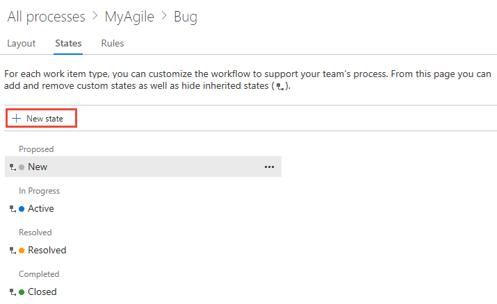Screenshot of Process page, Bug WIT, States tab, Add state.