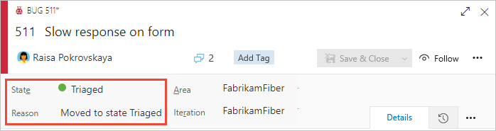 Screenshot of Bug work item form, header area, added state.