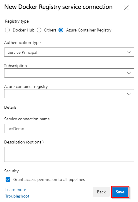 A screenshot showing how to set up a docker registry service connection.