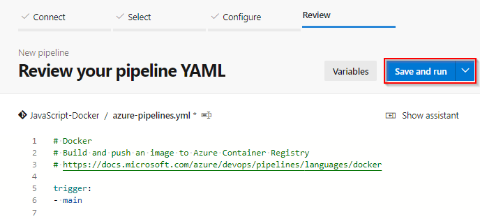 Screenshot of the Save and run button in a new YAML pipeline.