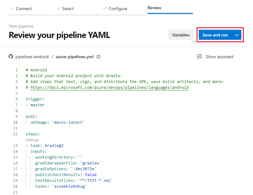 Screenshot of the Save and run button in a new Android YAML pipeline.