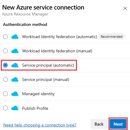 Screenshot that shows selecting a service principal (automatic) authentication method selection.