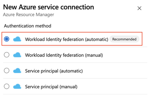 Screenshot of Workload Identity federation (automatic) authentication method selection.
