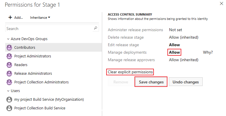 Screenshot of release pipeline stage security dialog.