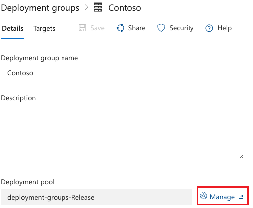 A screenshot showing Manage in the deployment group.