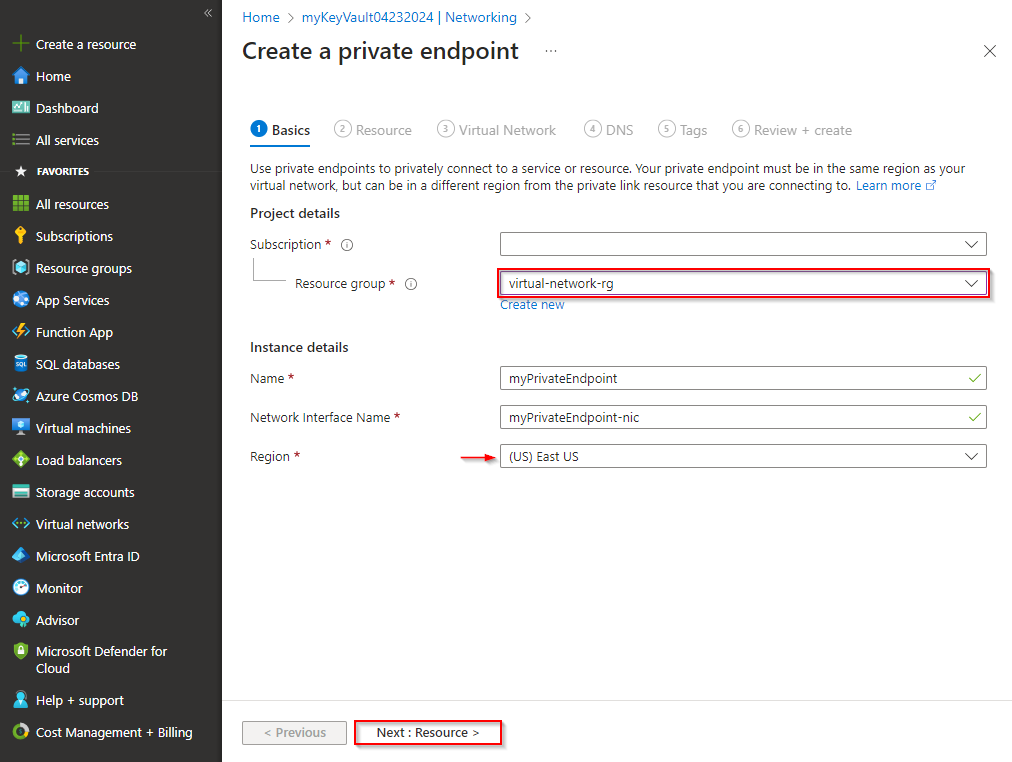 A screenshot showing how to configure the basics tab when creating a new private endpoint instance for your Azure Key Vault.