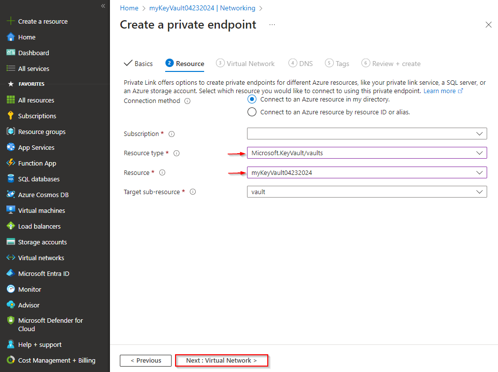 A screenshot showing how to configure the resource tab when creating a new private endpoint instance for your Azure Key Vault.