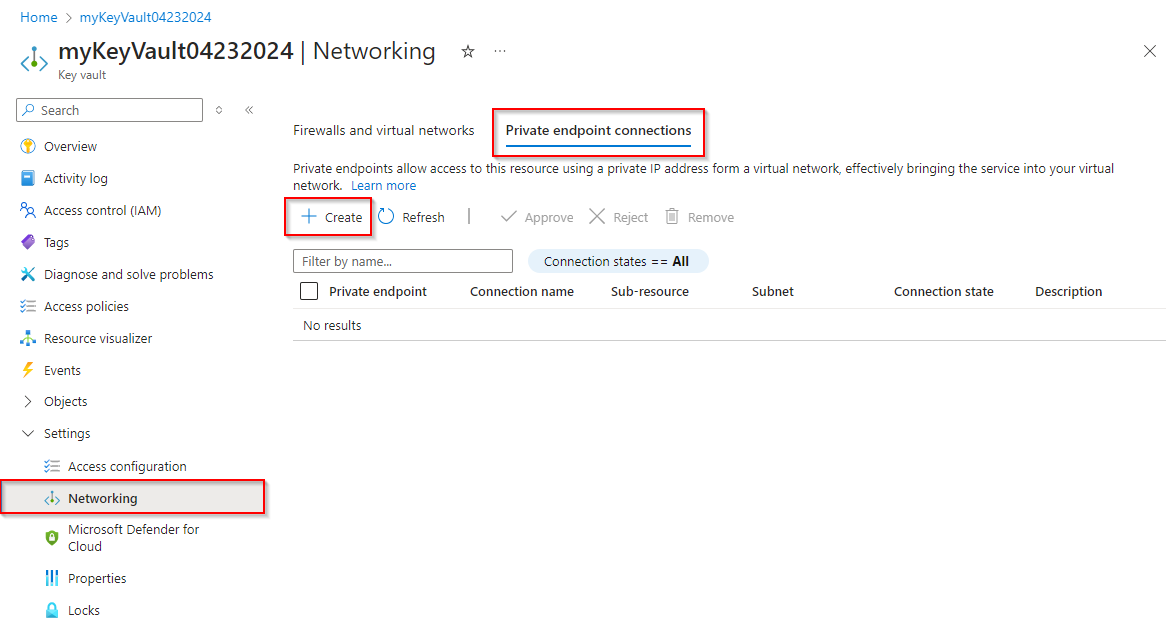 A screenshot showing how to create a new private endpoint connection for an Azure Key Vault.