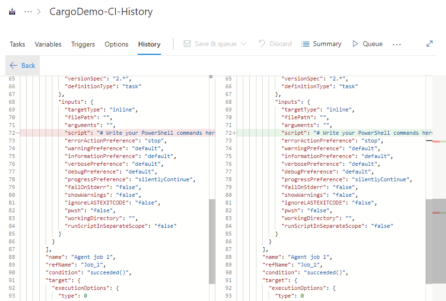 A screenshot displaying the Classic pipeline history difference.